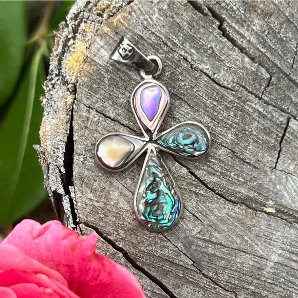 VINTAGE Mexican Taxco abalone silver cross pendant - eagle marking 3 - Picture 3 of 5